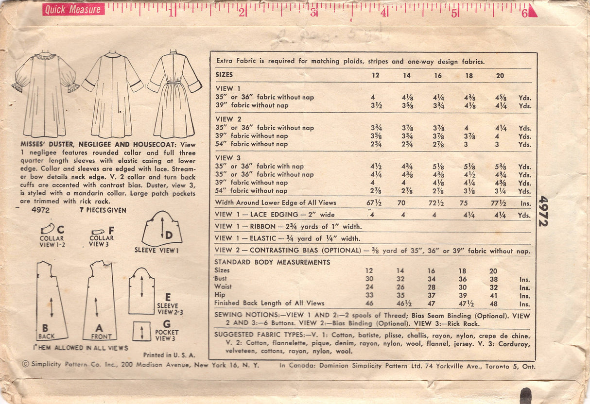 1950's Simplicity Duster, Negligee and Housecoat Pattern - Bust 30" - No. 4972