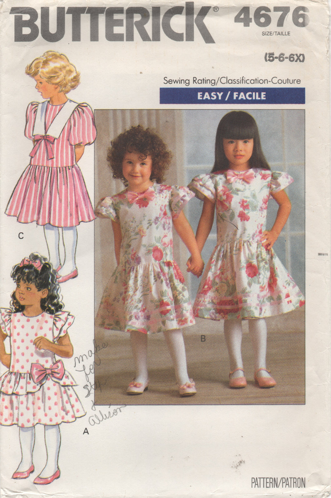 1990's Butterick Child's One Piece Dress drop waist and optional sailor collar - Size 4-5-6 - No. 4676