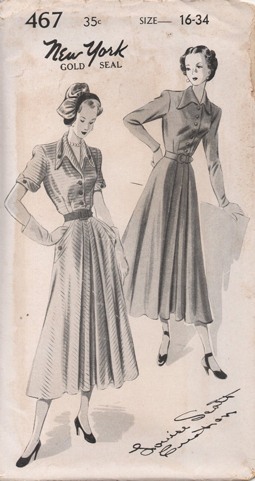 1950's New York by Louise Scott Shirt Waist Dress with Full Front, Pocket and Draped Collar - Bust 34