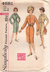 1960's Simplicity One Piece Straight line Dress with or without collar - Bust 36" - No. 4681