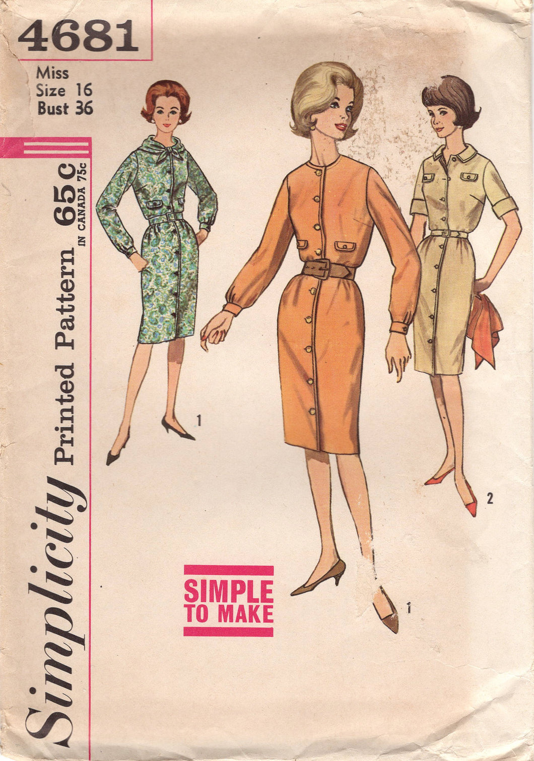 1960's Simplicity One Piece Straight line Dress with or without collar - Bust 36