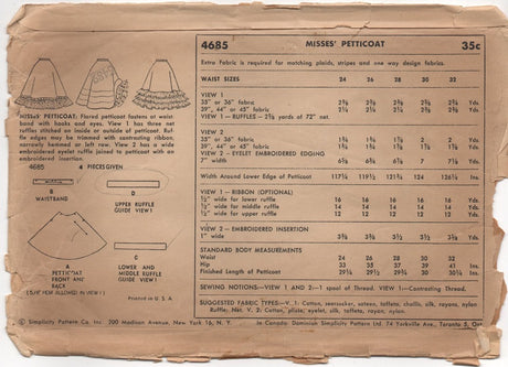 1950's Simplicity Petticoat with Ruffles Pattern - Waist 24" - No. 4685