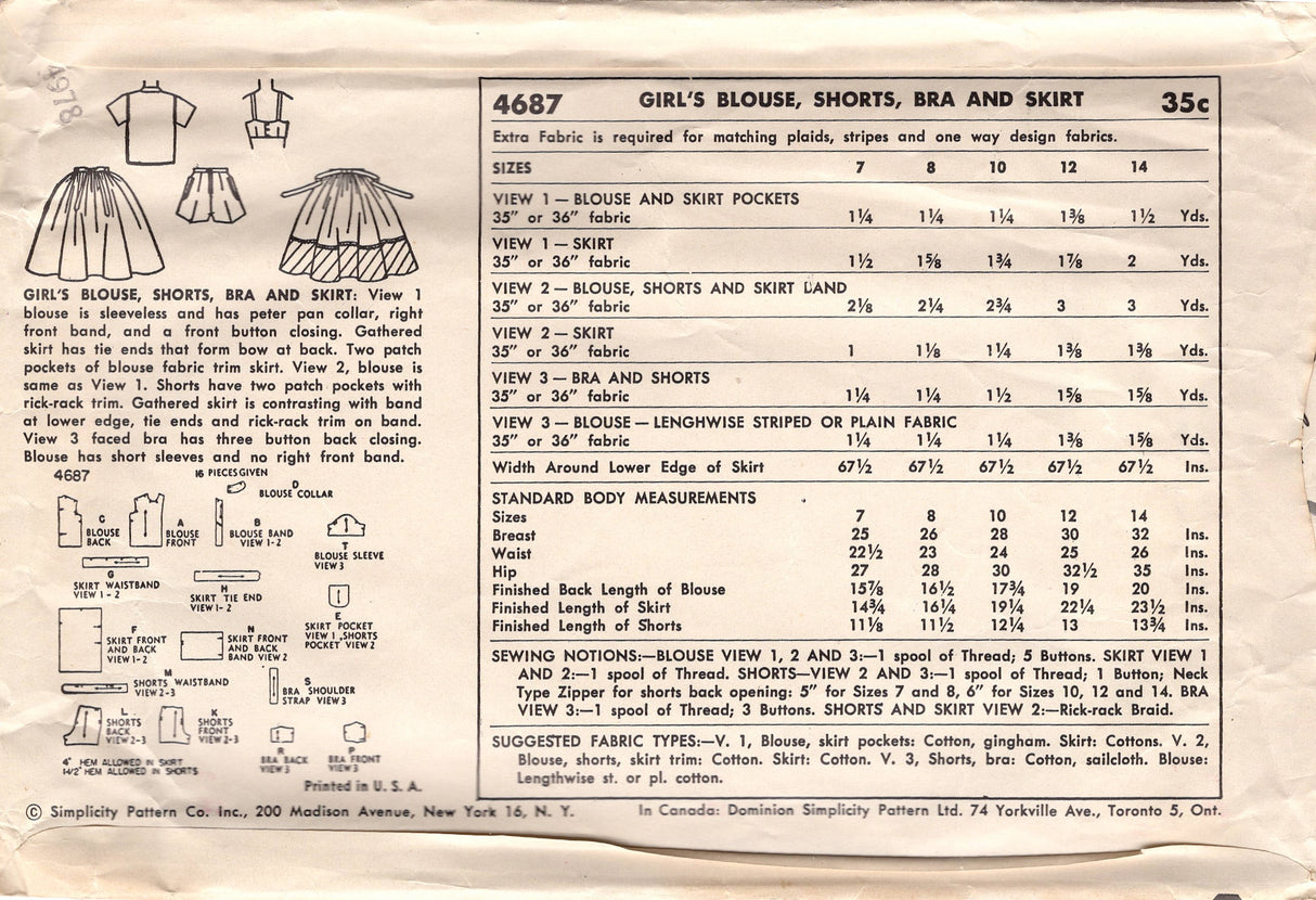 1950's Simplicity Child's Playsuit with Bra Top, Button Up Blouse, Shorts and Gathered Skirt Pattern - Chest 26" - No. 4687