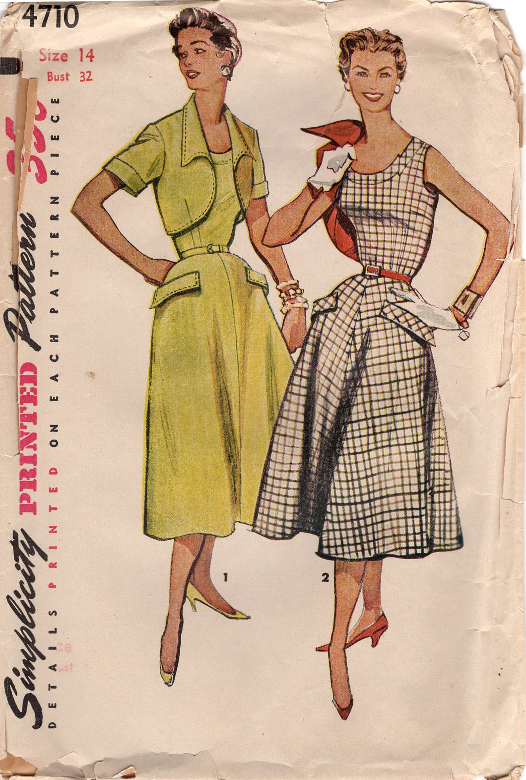 1950's Simplicity One Piece Dress with Jagged Neckline and Bolero Pattern - Bust 32