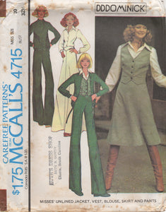 1970's McCall's Button Up Blouse, Vest, Unlined Jacket and Wide Leg Pants or Flared Skirt with Yoke pattern - Bust 34" - No. 4715
