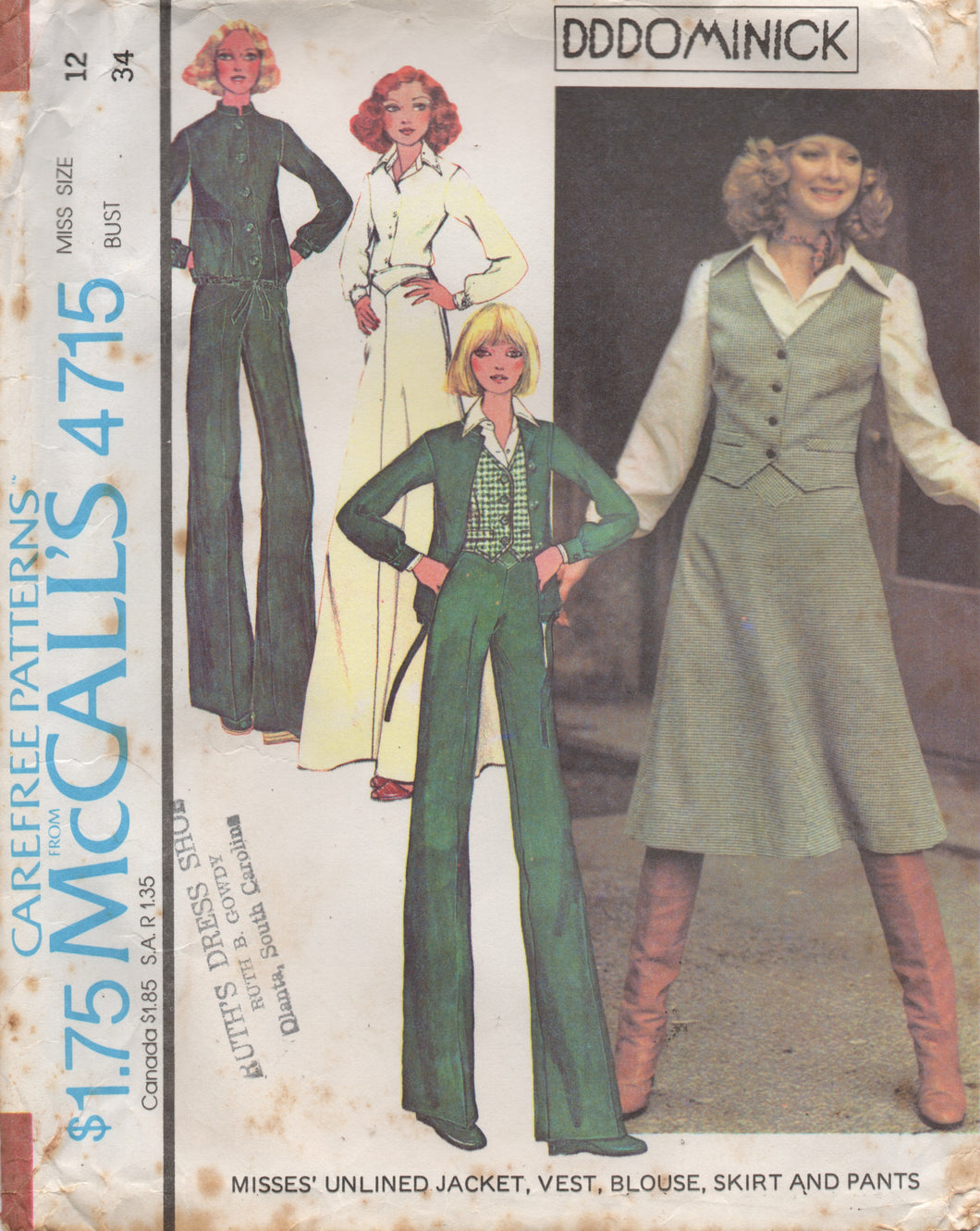 1970's McCall's Button Up Blouse, Vest, Unlined Jacket and Wide Leg Pants or Flared Skirt with Yoke pattern - Bust 34