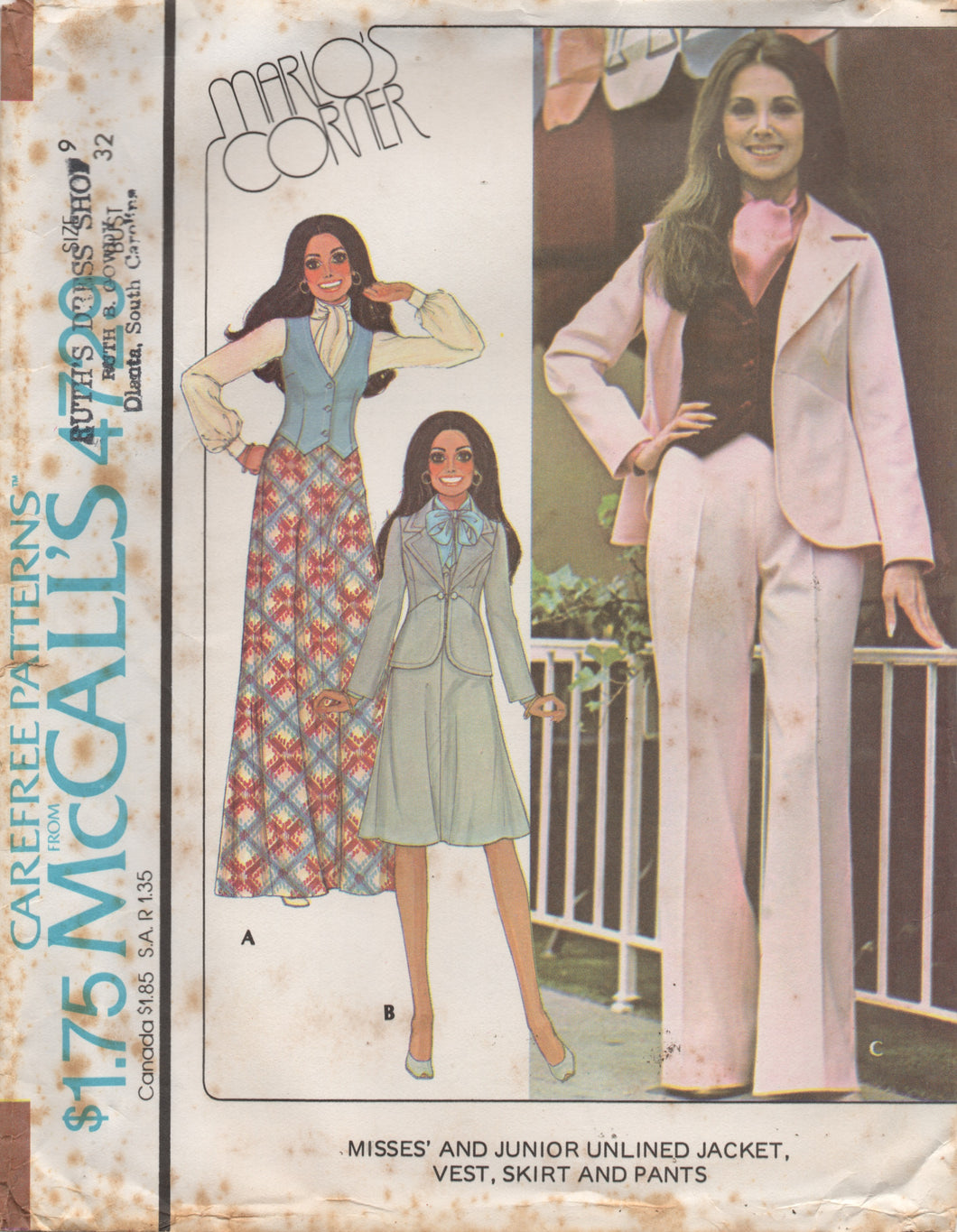 1970's McCall's Button Up Vest, Unlined Jacket and Wide Leg Pants or Flared Skirt with Yoke pattern - Marlo's Corner - Bust 32-33.5