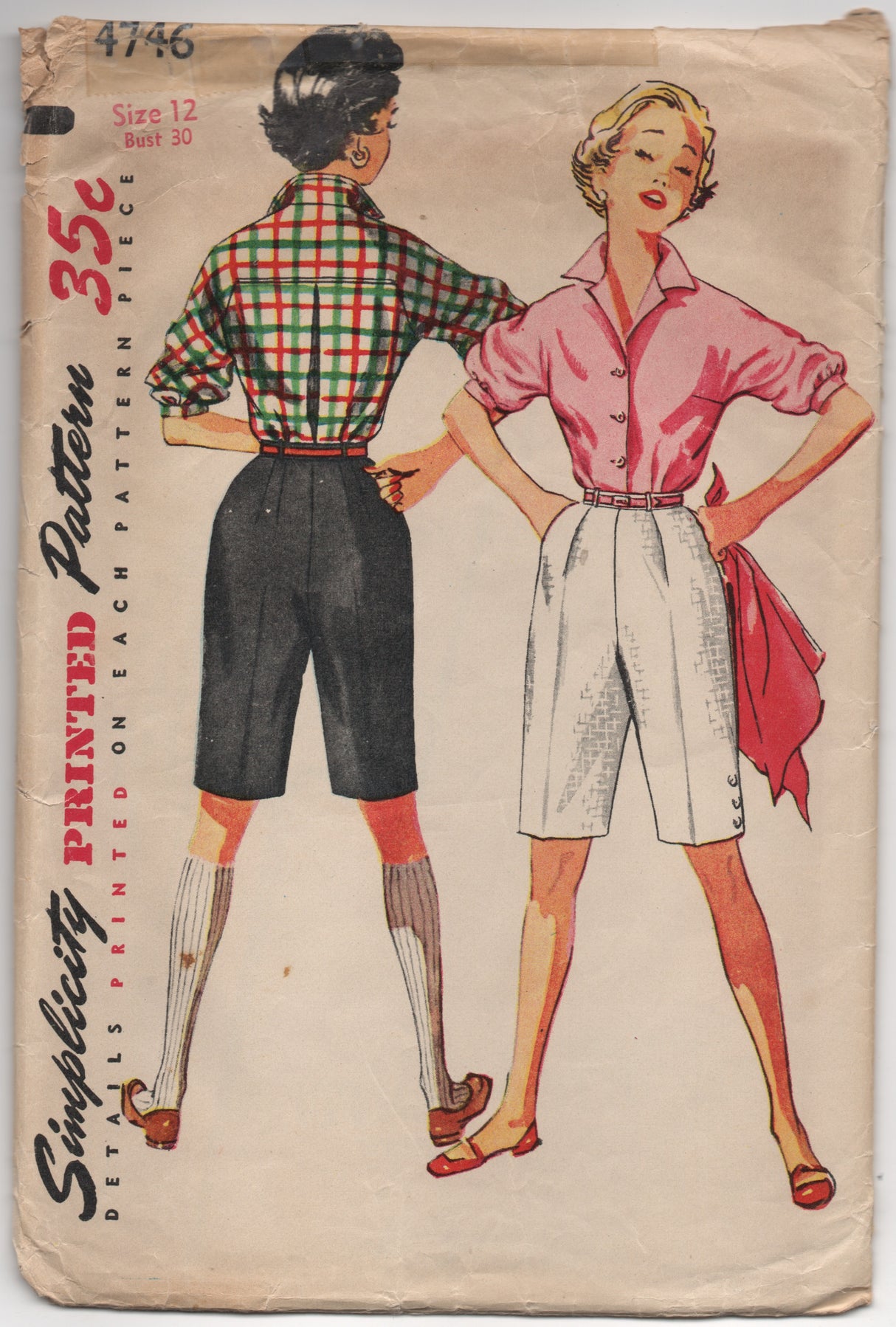 1950's Simplicity Button-Up Blouse with Elbow Length Sleeves and High Waisted Shorts Pattern - Bust 30" - No. 4746