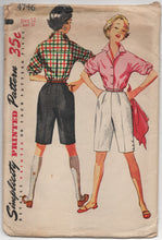 1950's Simplicity Button-Up Blouse with Elbow Length Sleeves and High Waisted Shorts Pattern - Bust 30" - No. 4746