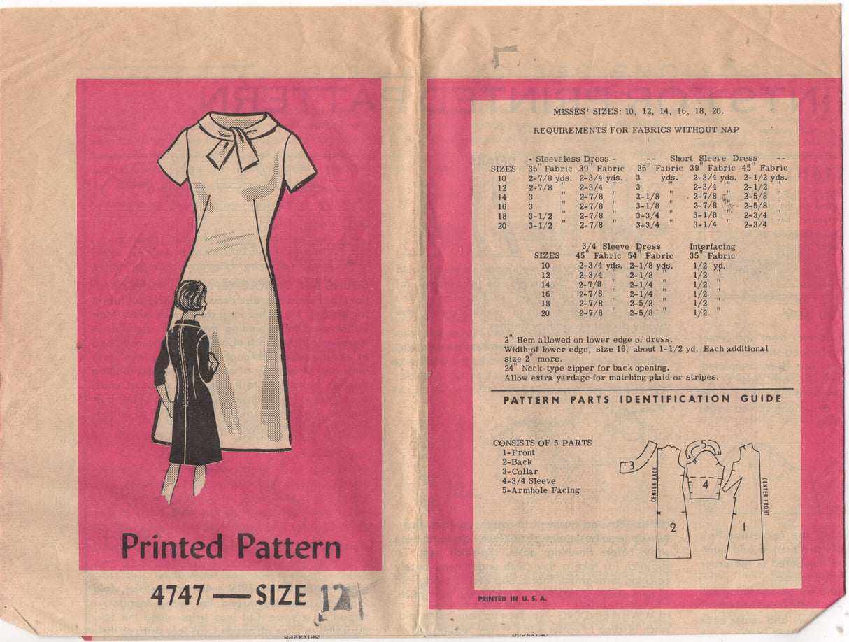 1960’s Anne Adams One Piece Dress with Tie Collar - Bust 32” - No. 4747