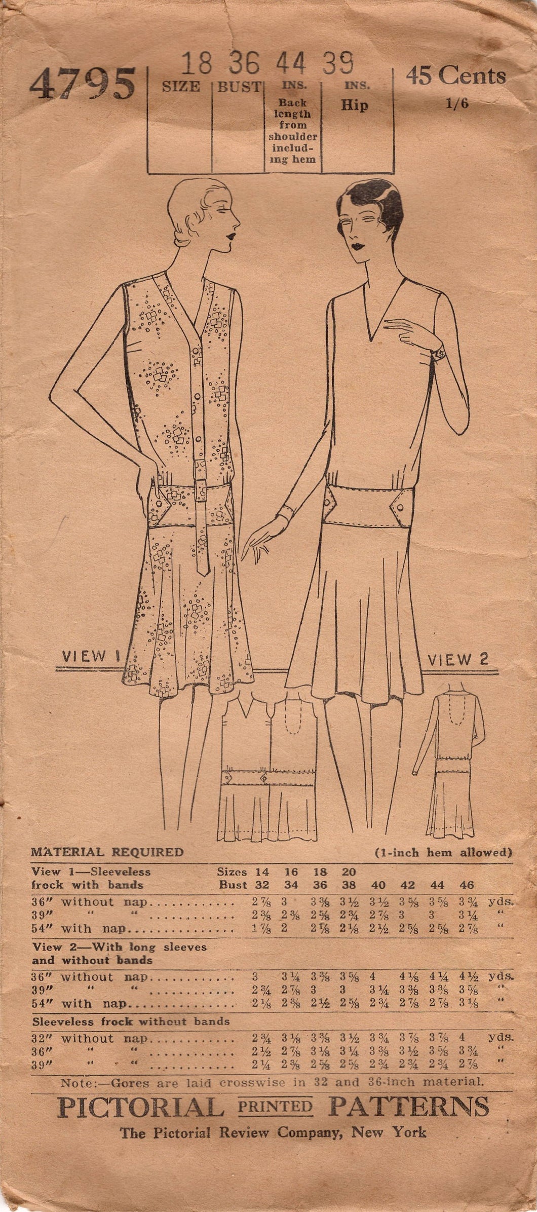 1920's Pictorial Button Up Dress with Drop Waist Belt and Flared Skirt Pattern - Bust 36