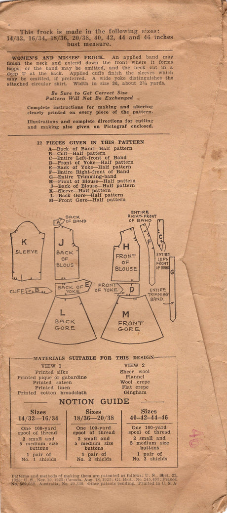 1920's Pictorial Button Up Dress with Drop Waist Belt and Flared Skirt Pattern - Bust 36" - No. 4795