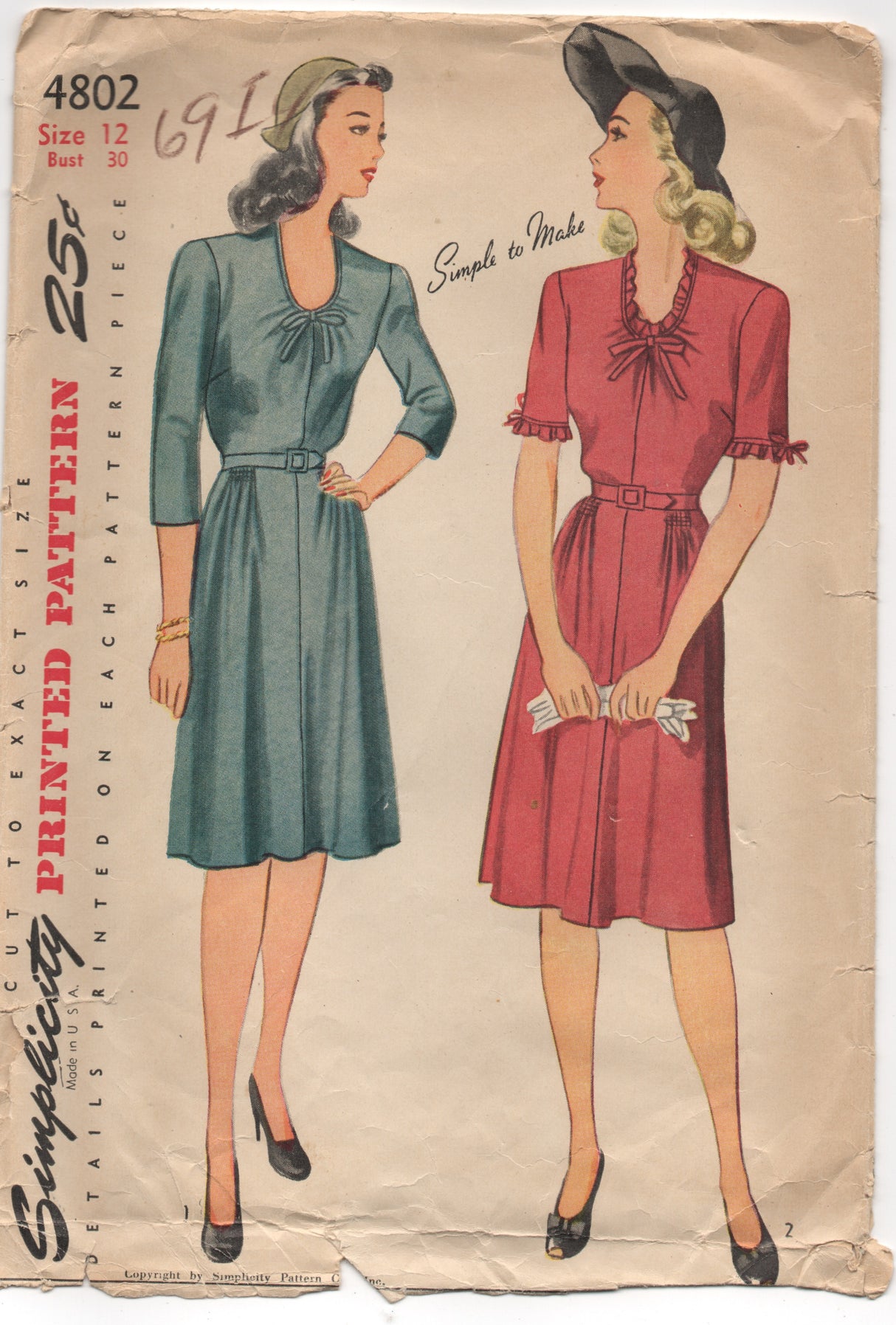 1940's Simplicity One Piece Day Dress with Scoop Neckline - Bust 30" - No. 4802