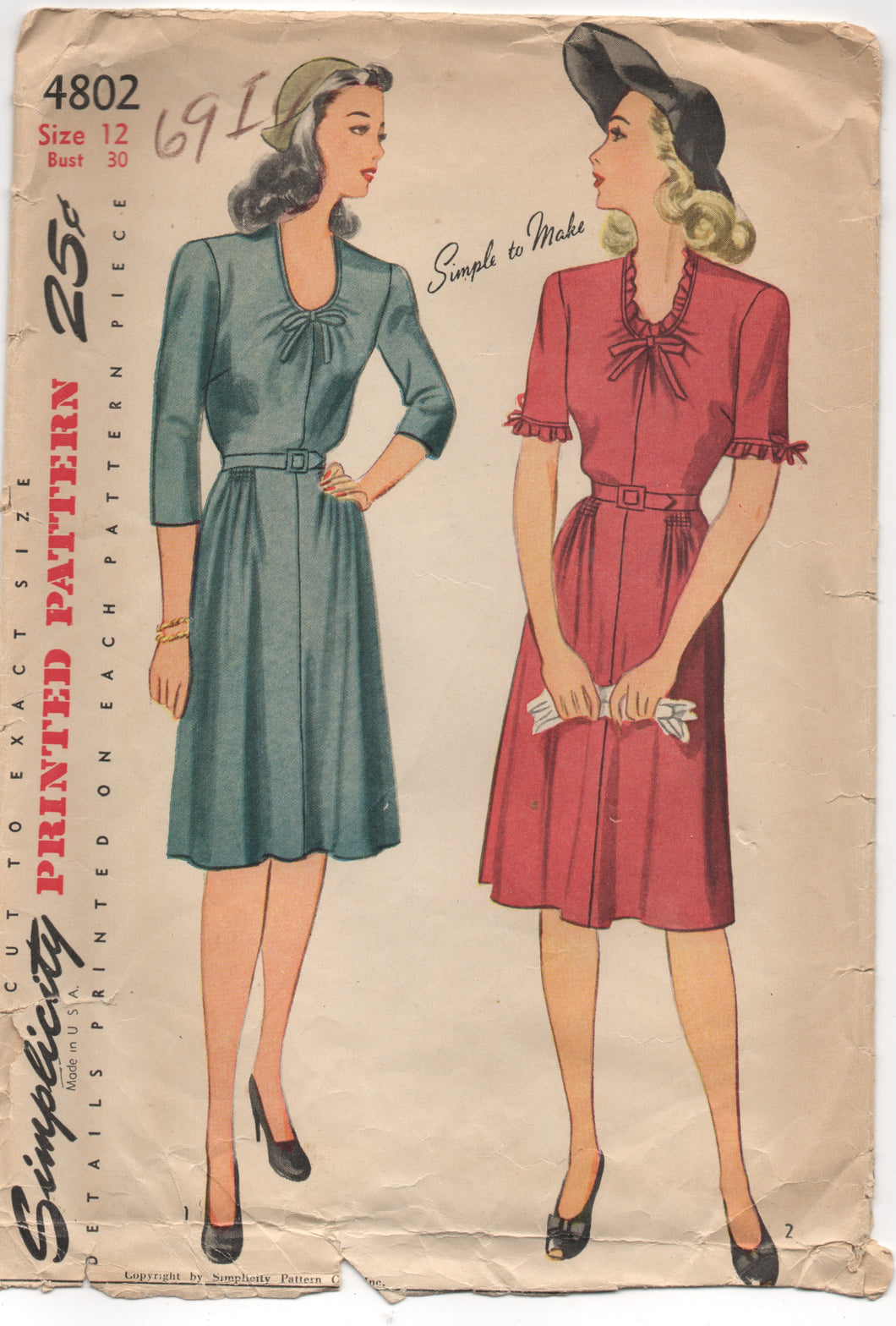 1940's Simplicity One Piece Day Dress with Scoop Neckline - Bust 30