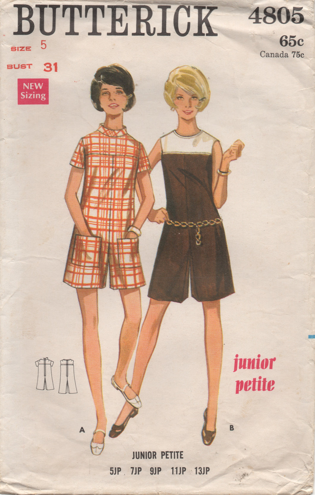 1960's Butterick Romper with Mandarin Collar and Patch Pockets - Bust 31