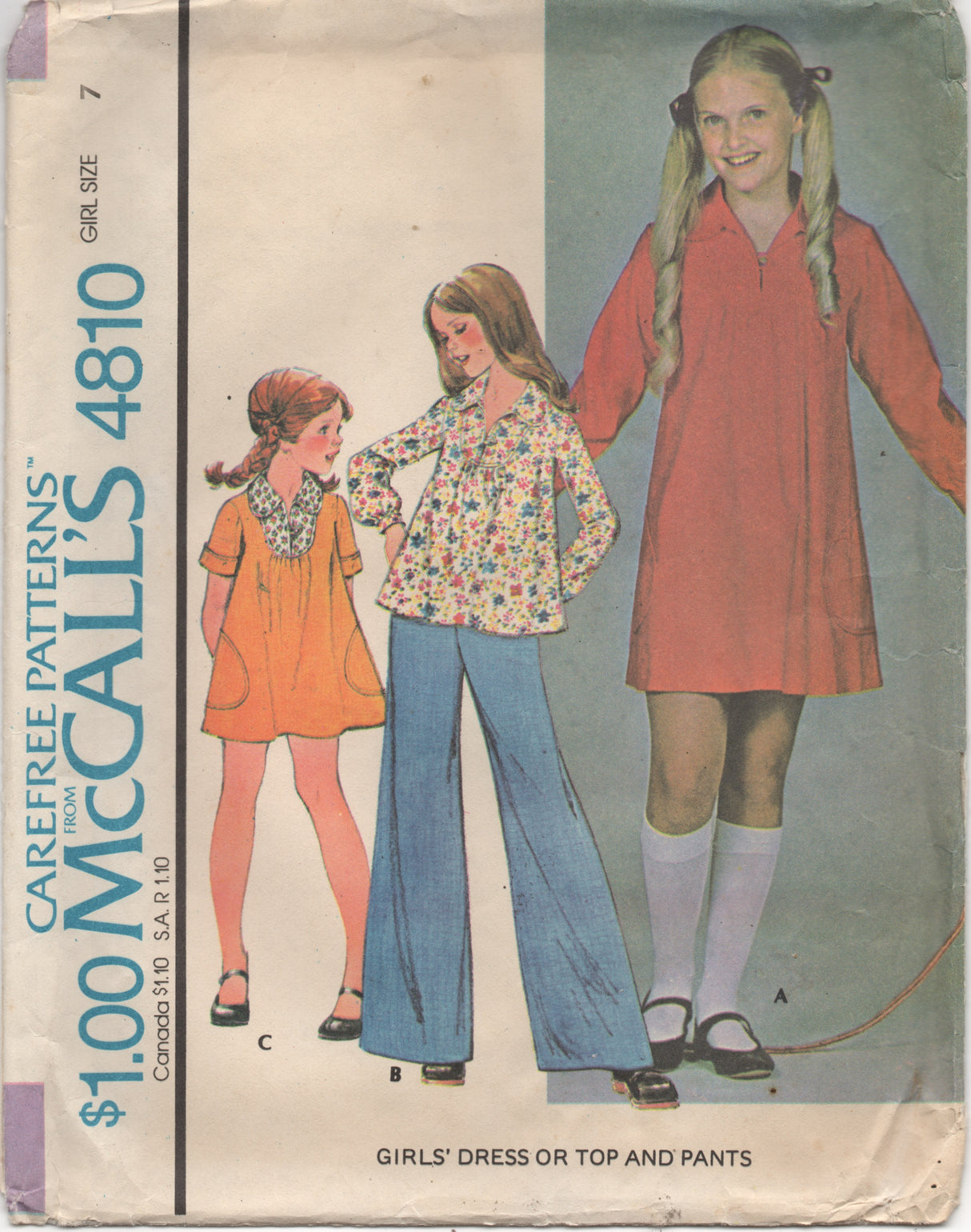 1970's McCall's Girl's One Piece Dress, Tunic, and Wide Leg Pants Pattern - Chest 26" - No. 4810