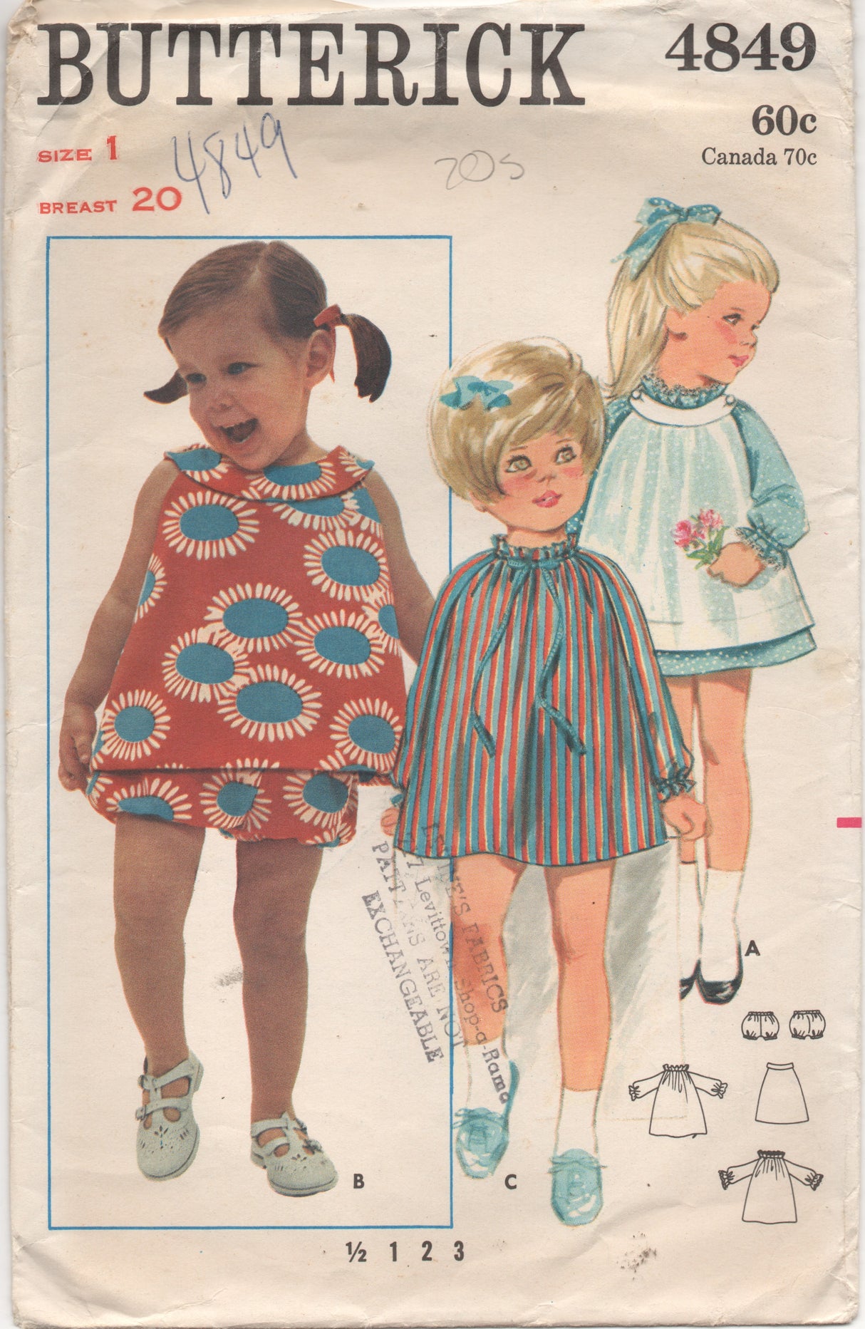 1960's Butterick Child's One Piece Dress with Bloomers - Chest 20" - No. 4849