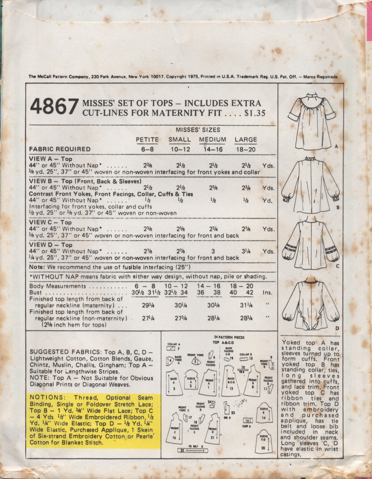 1970's McCall's Yoked Blouses with additional cut lines to make Maternity - Bust 30.5-38" - No. 4867