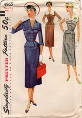 1950's Simplicity Two Piece Suit Dress with Nipped Waist, Large Collar and Straight Skirt - Bust 32" - No. 4965