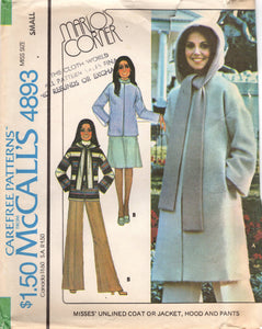1970's McCall's Unlined Coat or Jacket, Hood and Wide Leg Pants pattern - Bust 32.5-34" - No. 4893