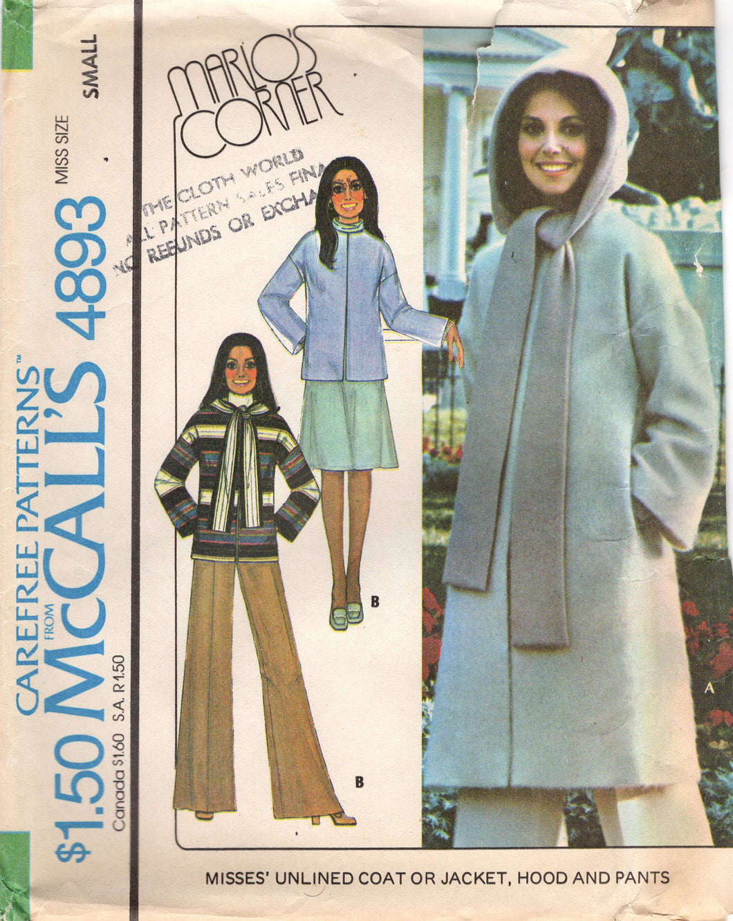 1970's McCall's Unlined Coat or Jacket, Hood and Wide Leg Pants pattern - Bust 32.5-34
