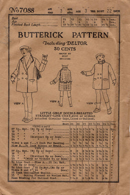 1920's Butterick Child's Coat Pattern with Cape - Chest 22