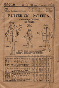 1920's Butterick Child's Coat Pattern with Cape - Chest 22" - No. 7088