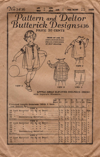 1920's Butterick Child's Slip-On Dress Pattern and Bloomers - Chest 21