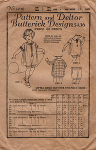 1920's Butterick Child's Slip-On Dress Pattern and Bloomers - Chest 21" - No. 5436