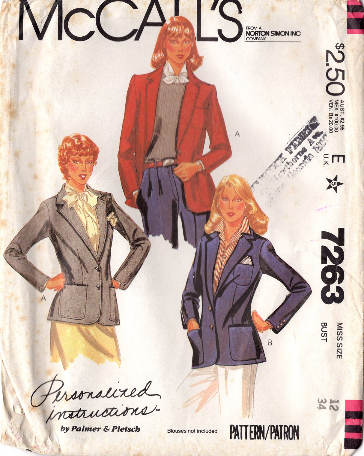 1980's McCall's Palmer & Pletsch Blazer Pattern - Bust 34" - no. 7263