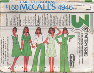 1970's McCall's Unlined Jacket, Pullover Blouse, Vest, A line Skirt or Wide Leg Pants - Bust 30.5-38" - No. 4946