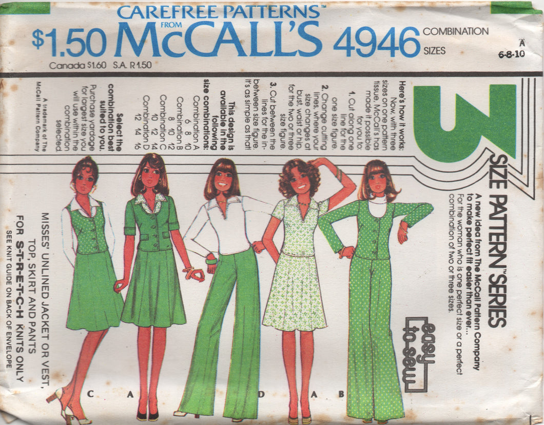 1970's McCall's Unlined Jacket, Pullover Blouse, Vest, A line Skirt or Wide Leg Pants - Bust 30.5-38