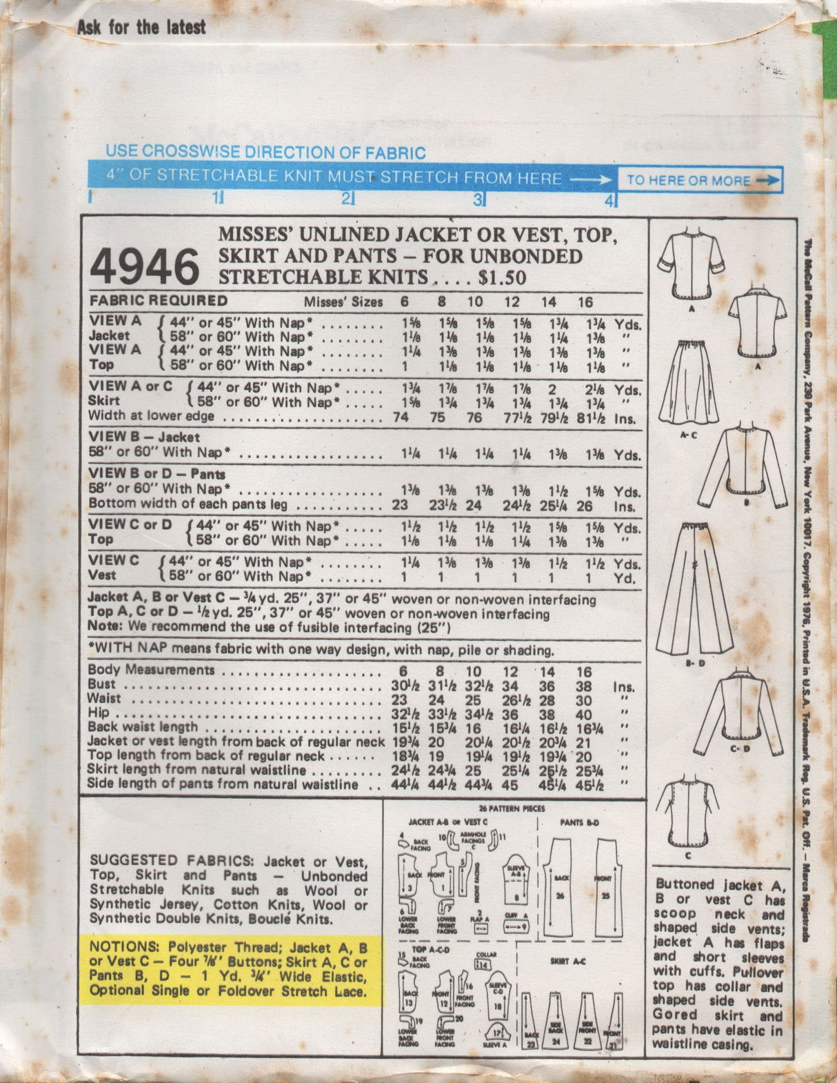 1970's McCall's Unlined Jacket, Pullover Blouse, Vest, A line Skirt or Wide Leg Pants - Bust 30.5-38" - No. 4946