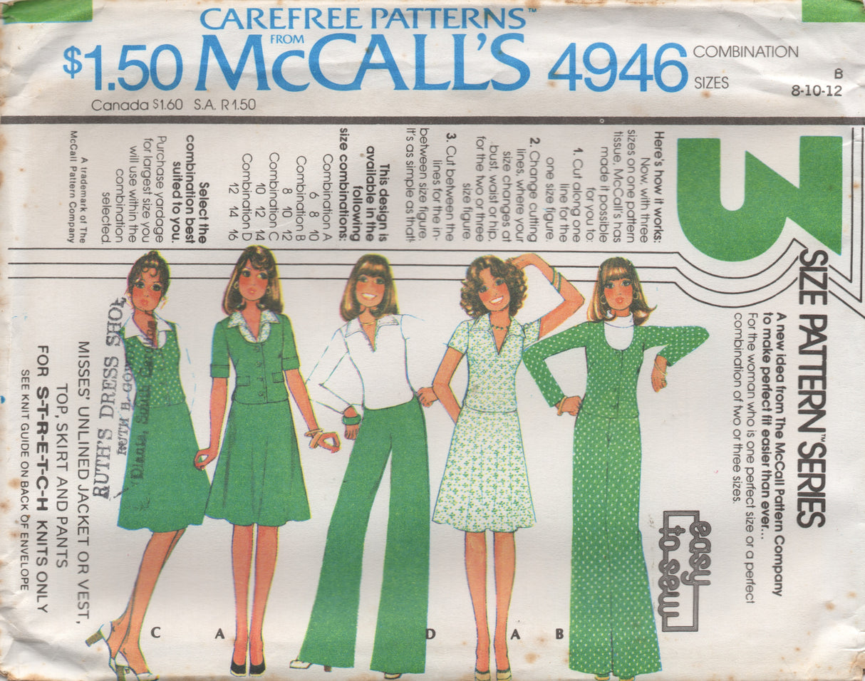 1970's McCall's Unlined Jacket, Pullover Blouse, Vest, A line Skirt or Wide Leg Pants - Bust 30.5-38" - No. 4946