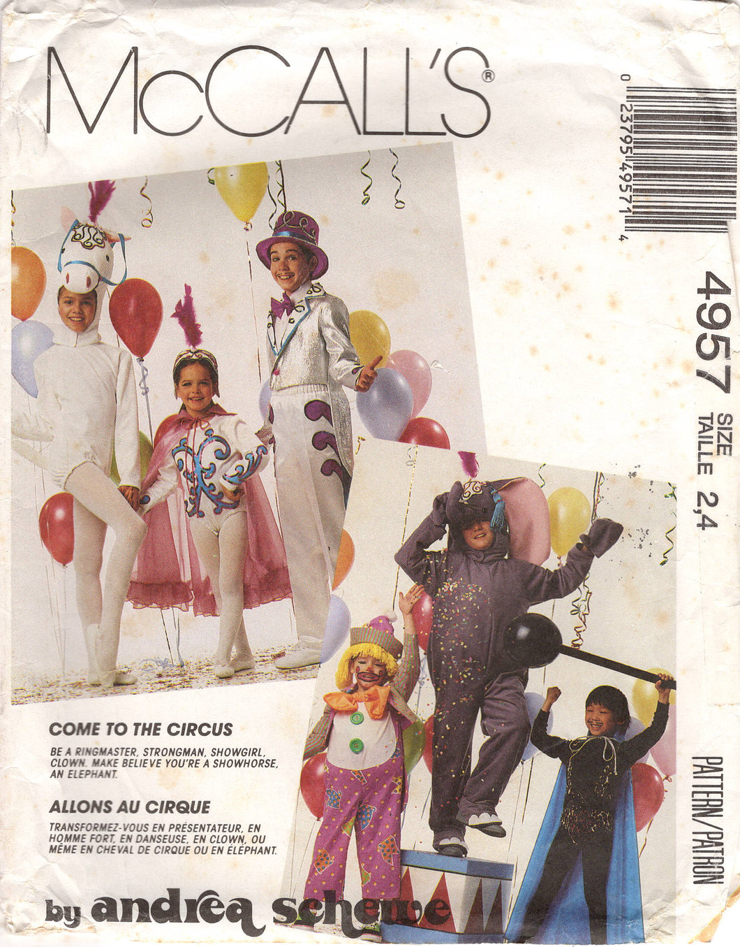 1990's McCall's Child's Circus Costumes, Elephant, Horse, Ring Master, Clown, Strong Man - Size -24, 6-8 - No. 4957