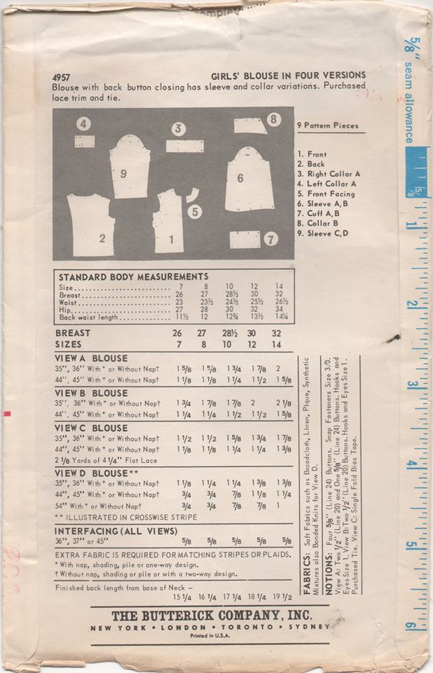 1960's Butterick Blouse in Four Styles - Chest 26" - No. 4957