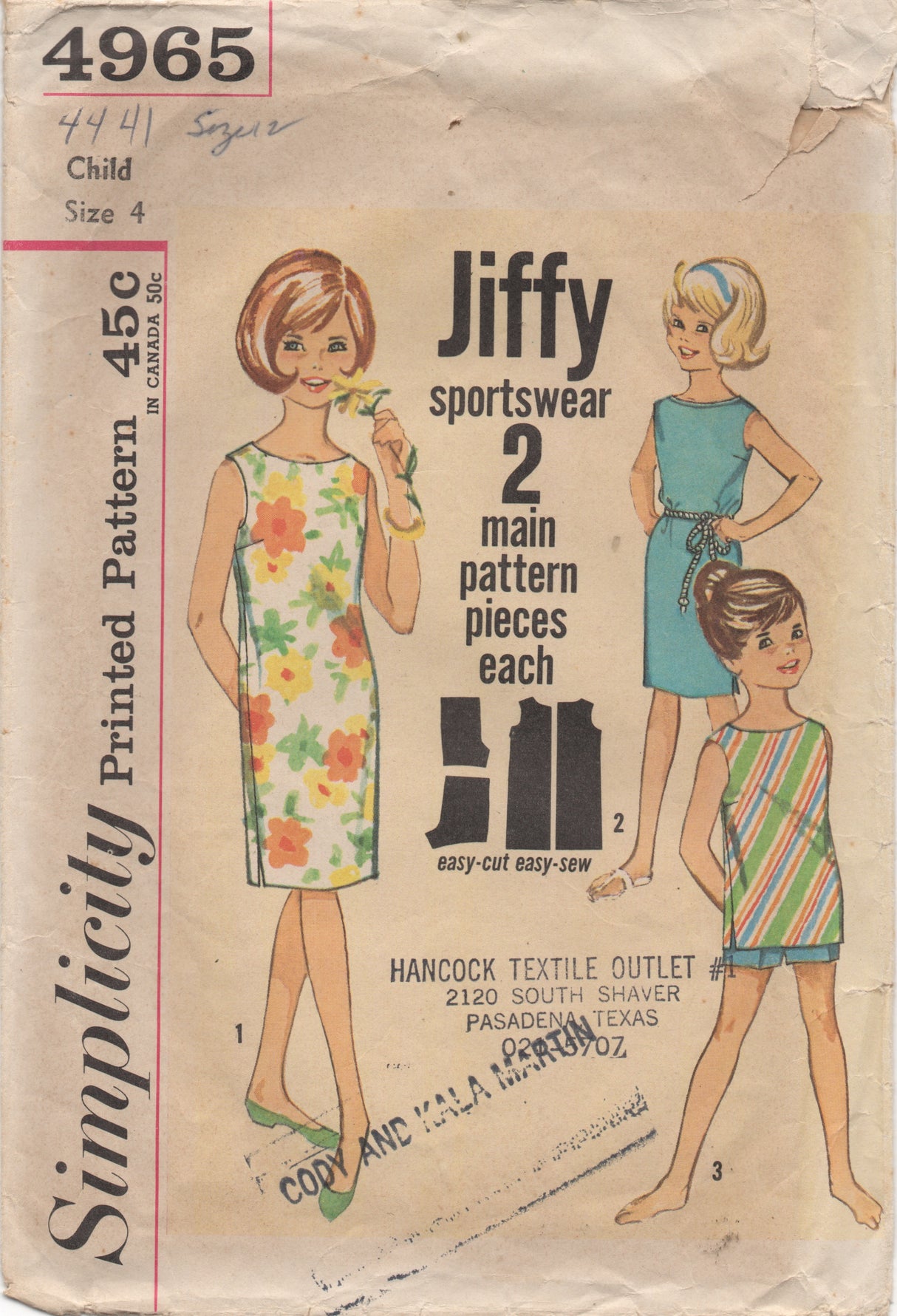 1960's Simplicity Girl's Beach Dress or Top and Shorts - Chest 23" - No. 4965