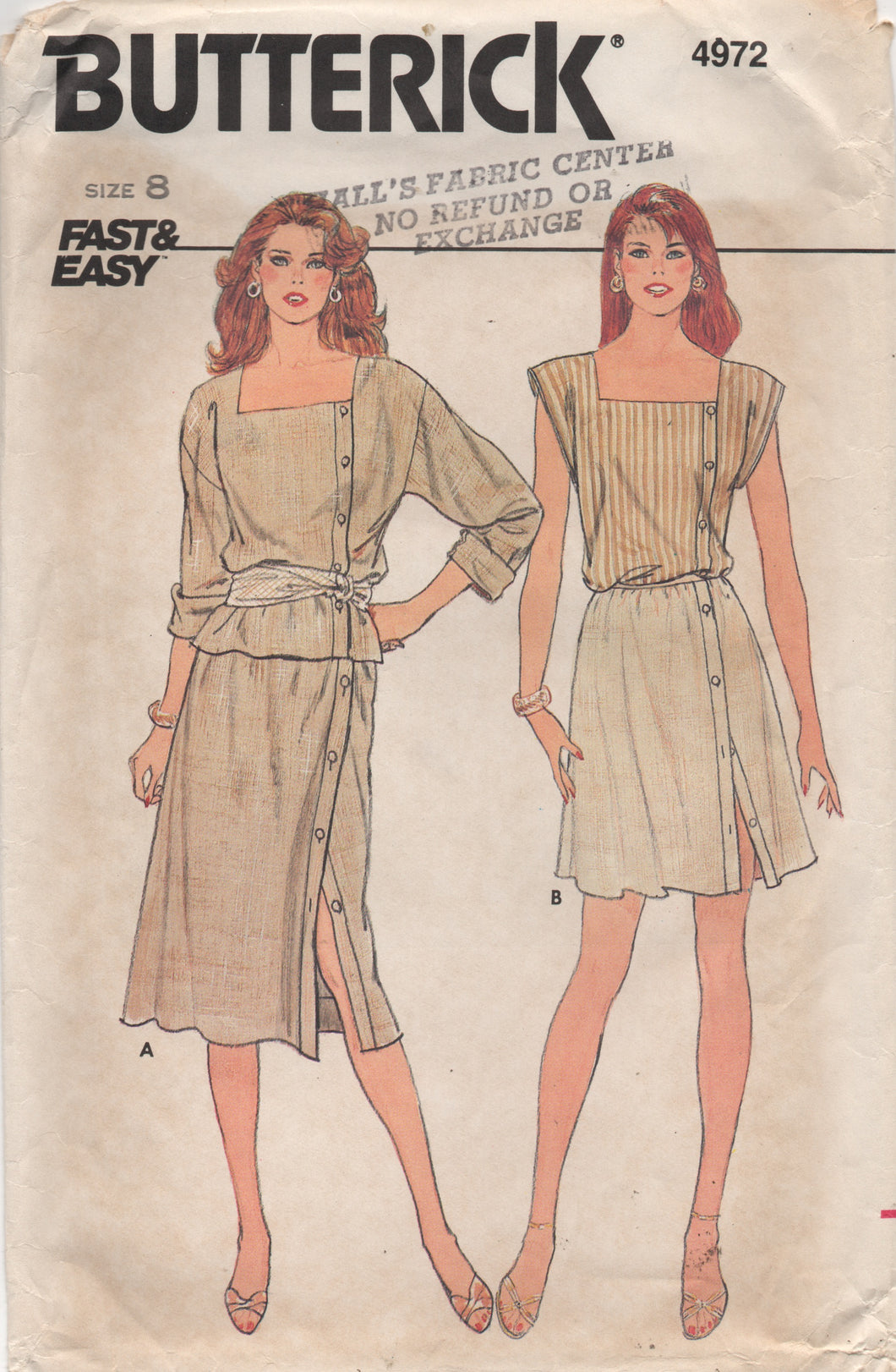 1980's Butterick Side Button Blouse with Square neckline and Side Button Skirt Pattern - Bust 31.5
