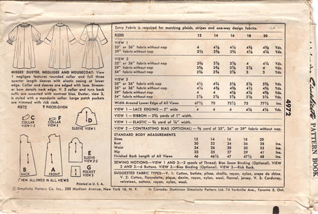 1950's Simplicity Duster, Negligee and Housecoat Pattern - Bust 38" - No. 4972