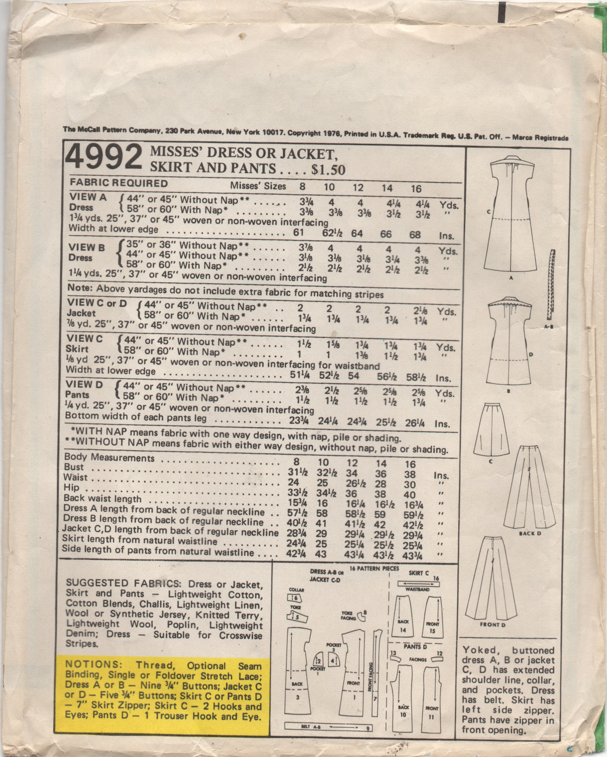 1970's McCall's Maxi or Midi Button Up Dress and Wide Leg pants - Bust 31.5" - No. 4992