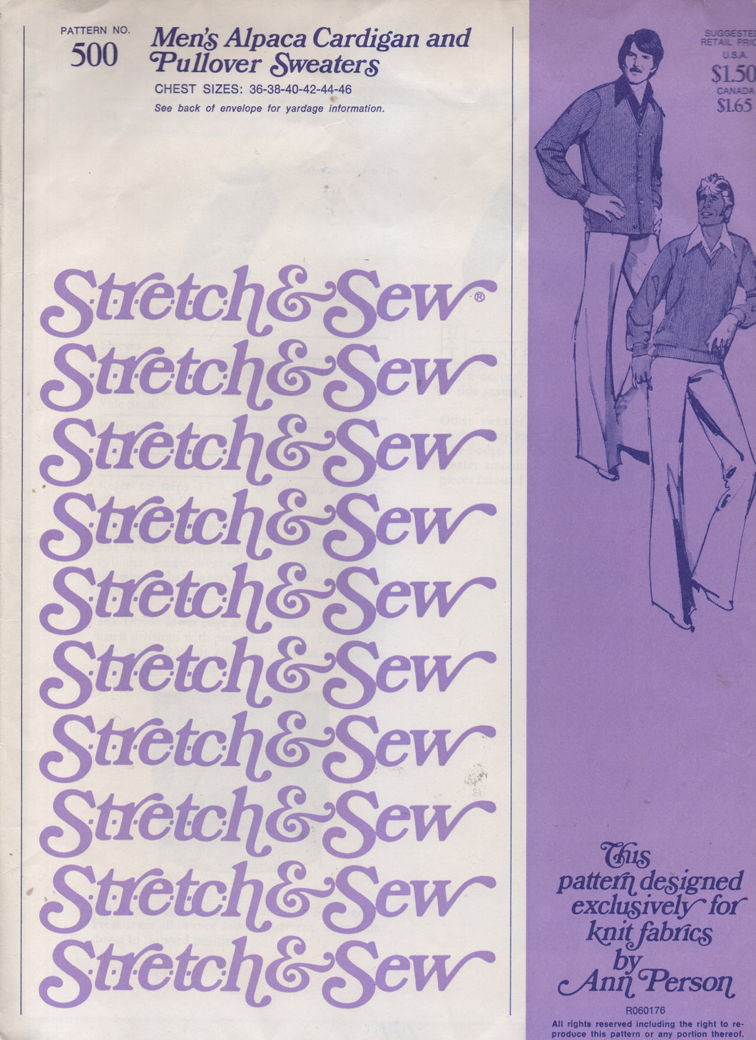 1970's Stretch & Sew Men's Alpaca Cardigan and Pullover Sweaters pattern - Chest 36-46