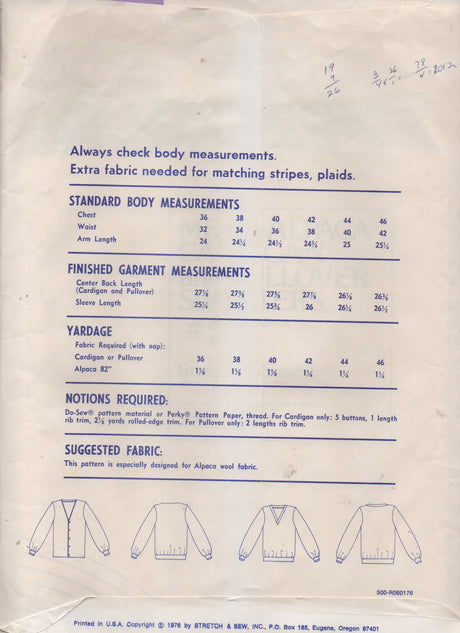 1970's Stretch & Sew Men's Alpaca Cardigan and Pullover Sweaters pattern - Chest 36-46" - No. 500