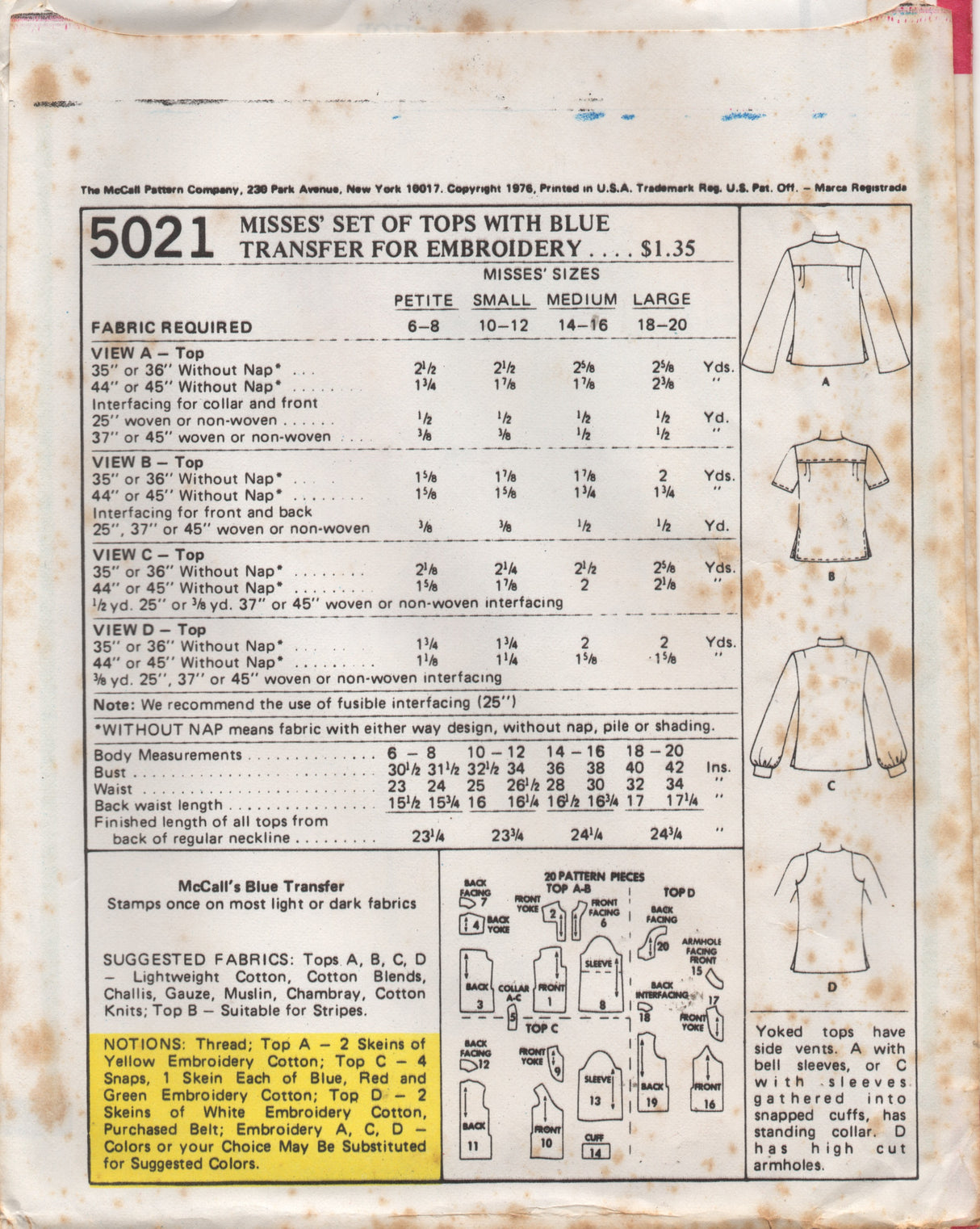 1970's McCall's Yoked Pullover Tops pattern - Bust 32.5-38" - No. 5021