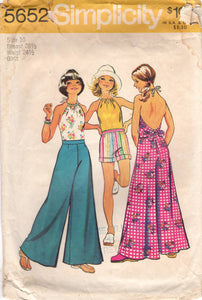 1970's Simplicity Child's Halter Top, High Waisted shorts and Wide Leg Pants - Chest 28.5" - No. 5652