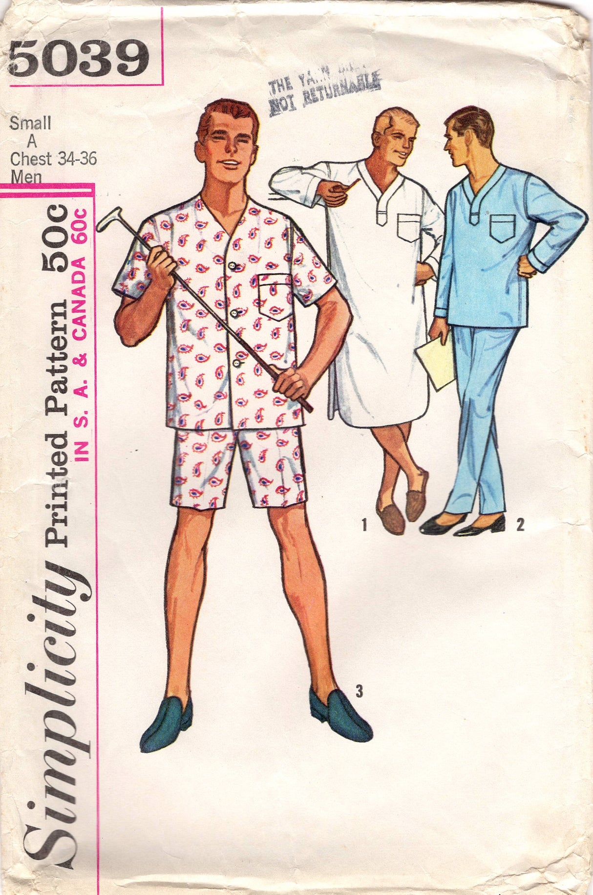 1960's Simplicity Men's Two Piece Pajamas with Shorts or Pants and Night shirt Pattern - Chest 34-36" - No. 5039