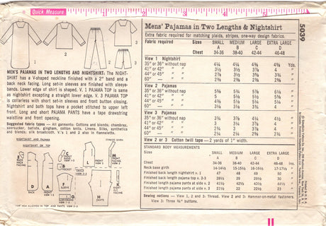 1960's Simplicity Men's Two Piece Pajamas with Shorts or Pants and Night shirt Pattern - Chest 34-36" - No. 5039