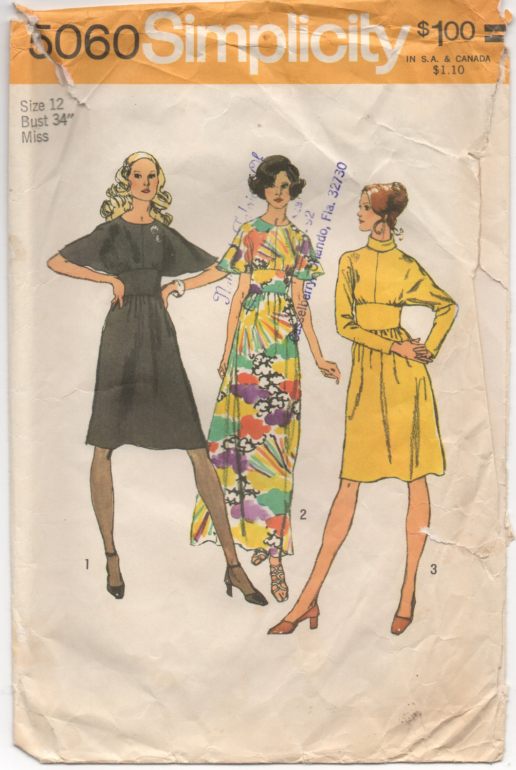 1970's Simplicity One Piece Midi or Maxi Dress with wide waist and Two Sleeve styles - Bust 34