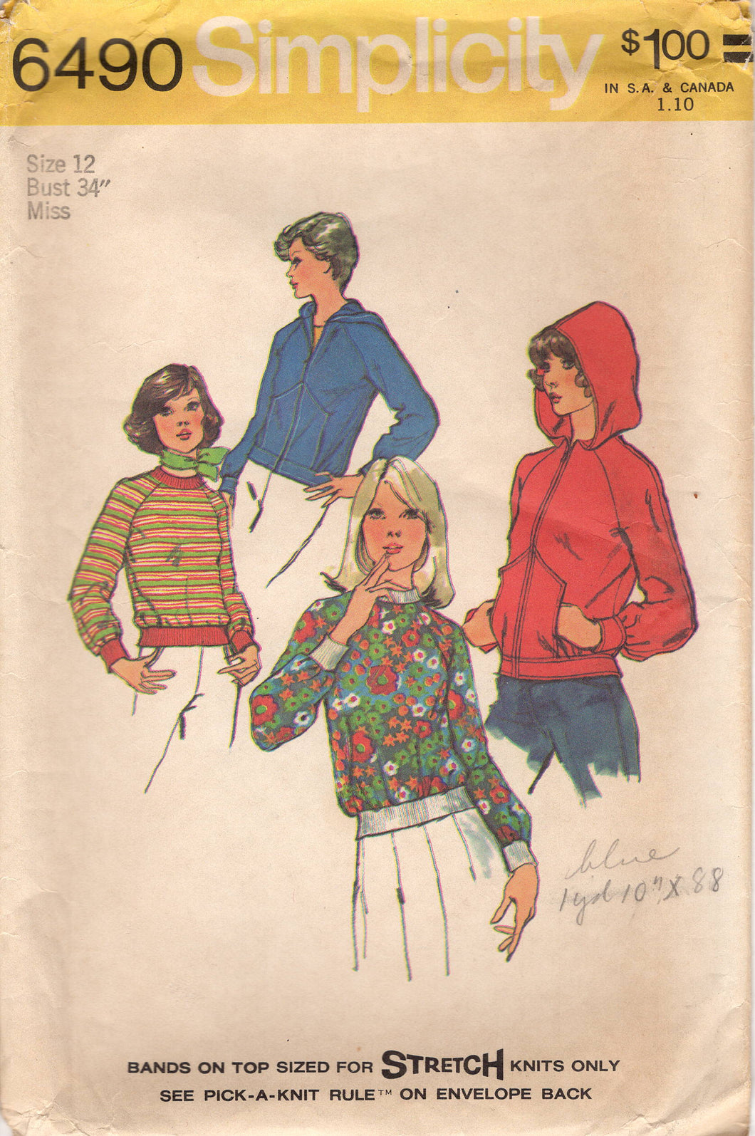 1970's Simplicity Unlined Jacket with Hood or Sweatshirt Pattern - Bust 34