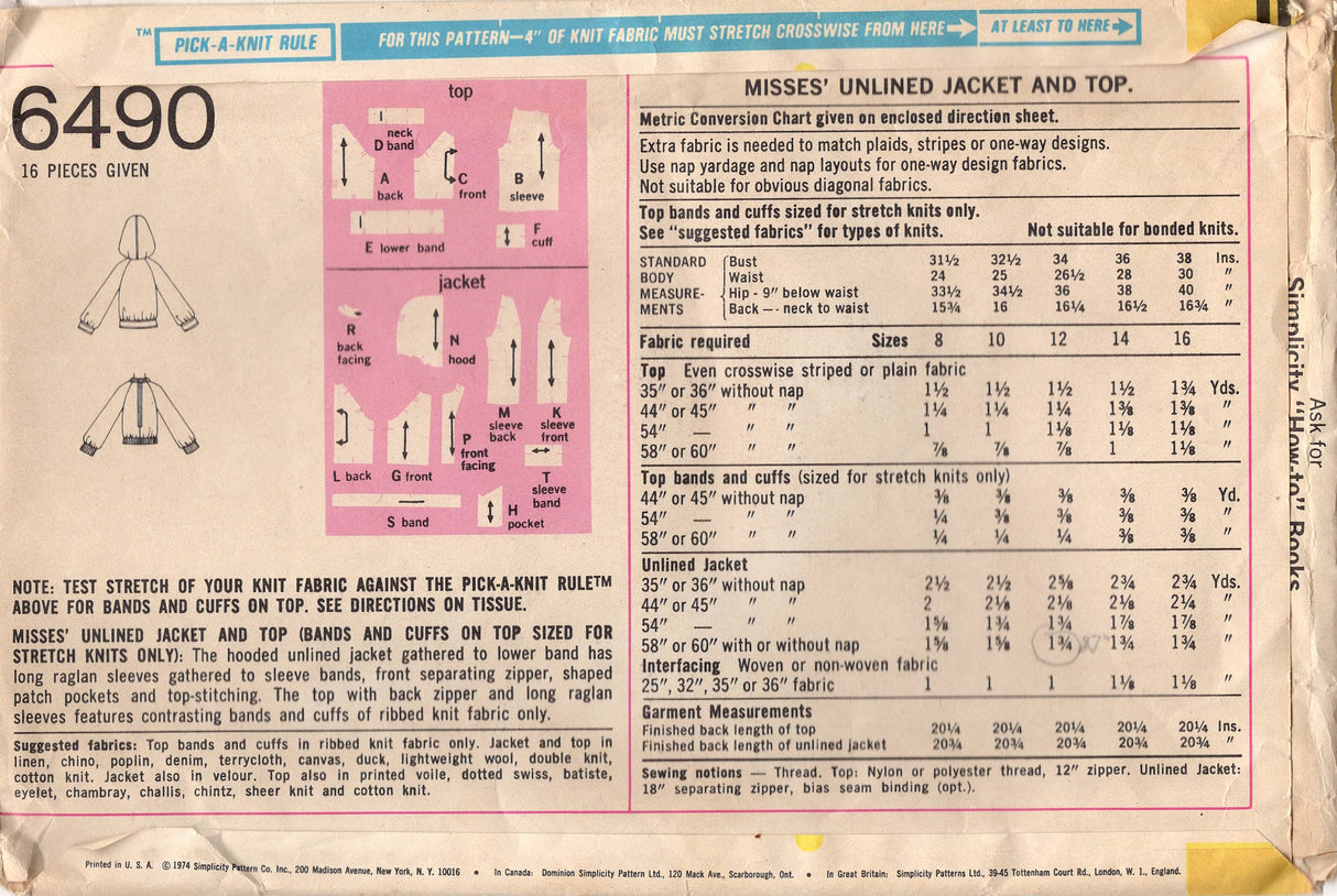 1970's Simplicity Unlined Jacket with Hood or Sweatshirt Pattern - Bust 34" - No. 6490