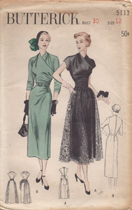 1950's Butterick Wrap Front Sheath Dress with Gathered Side and Overskirt - Bust 30" - No. 5113